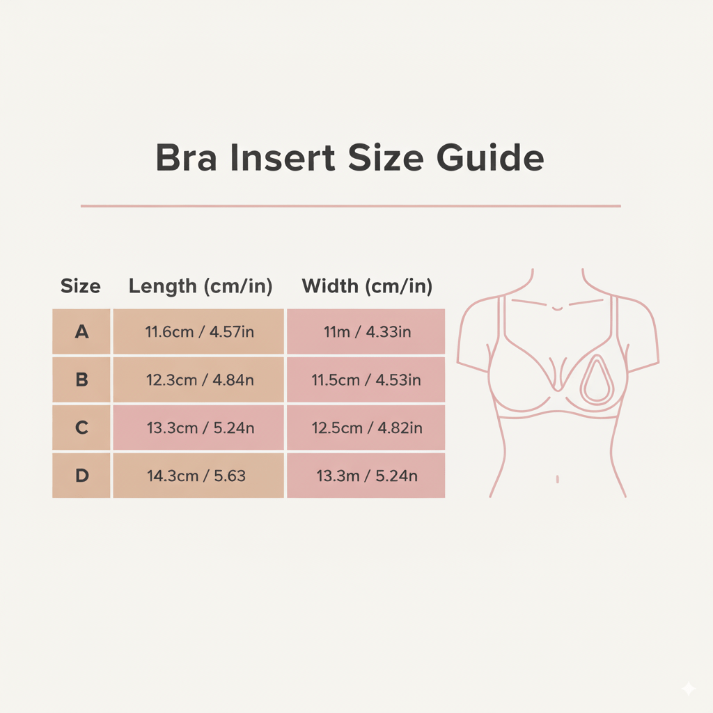 Bra insert size guide with measurements on a light background