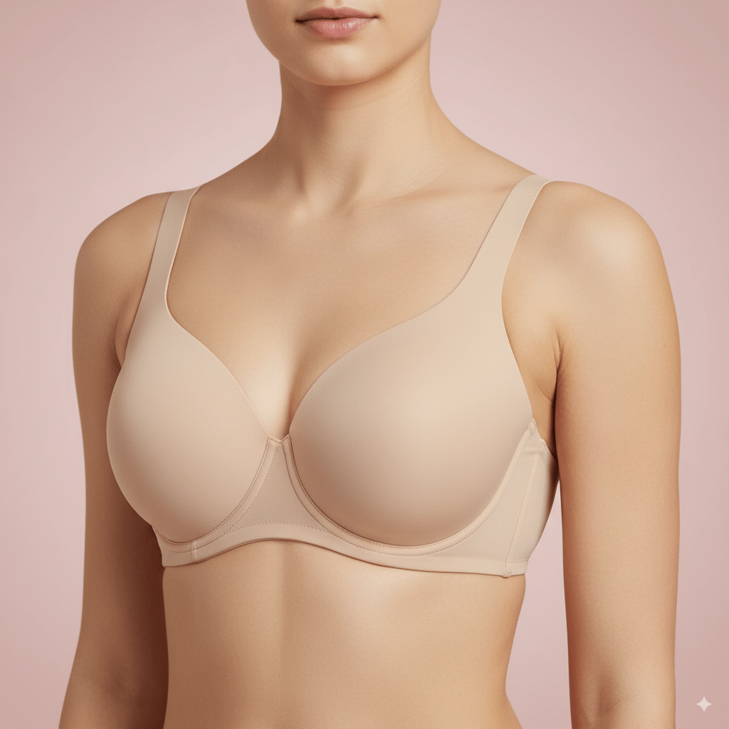 Beige bra worn by a model on a pink background