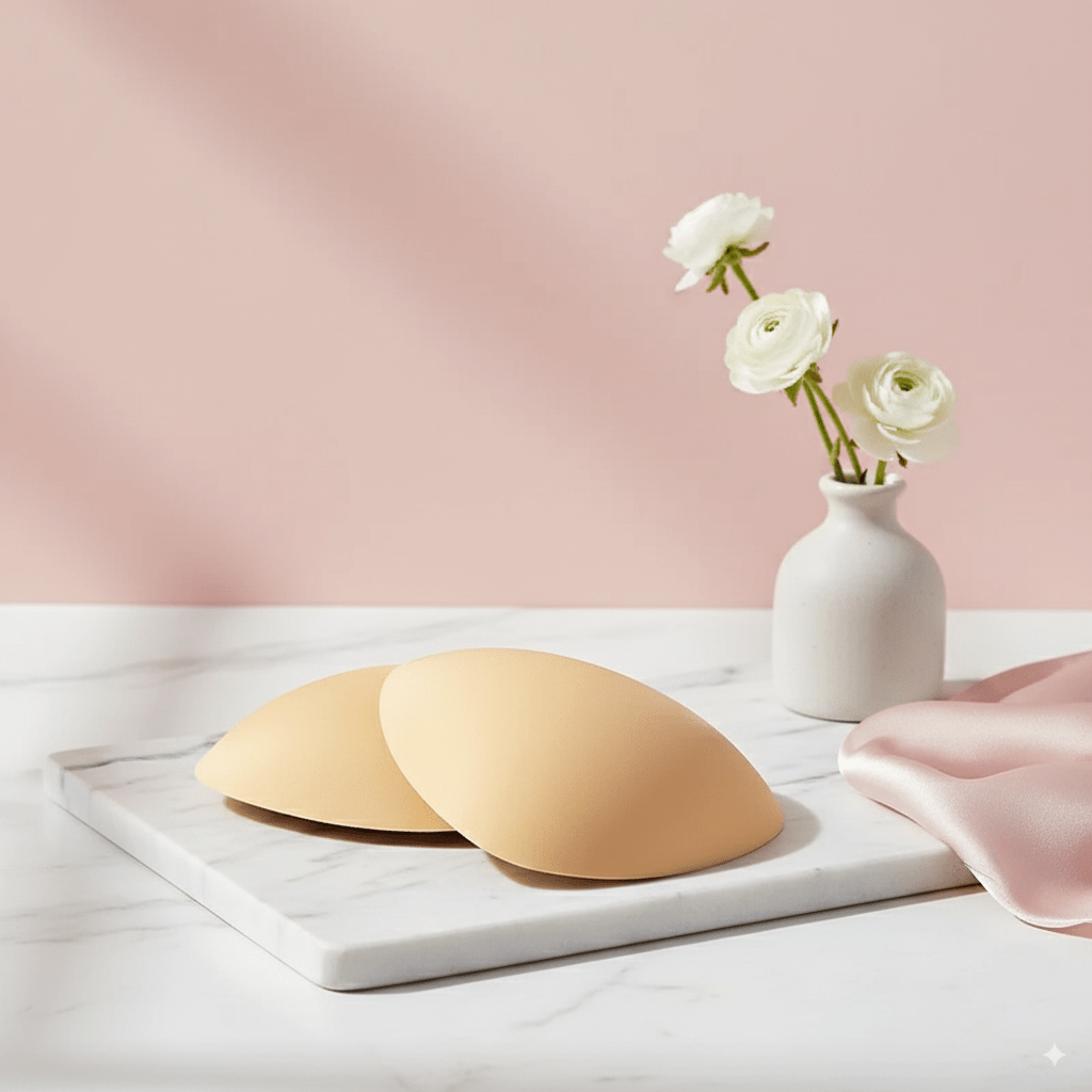 Two beige silicone bra insert pads on a marble surface with a vase of white flowers against a pink background.