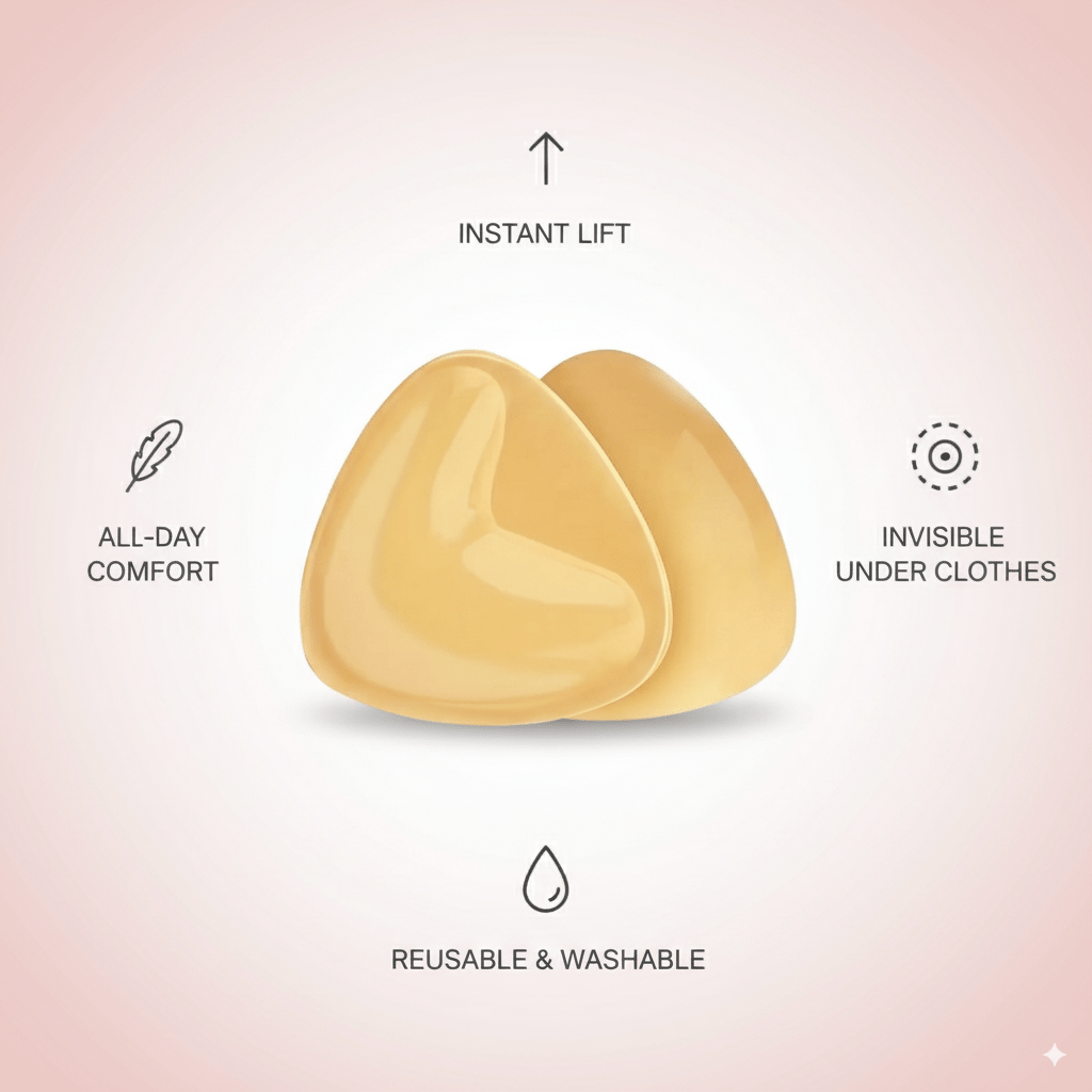 bra insert product with features listed on a gradient background