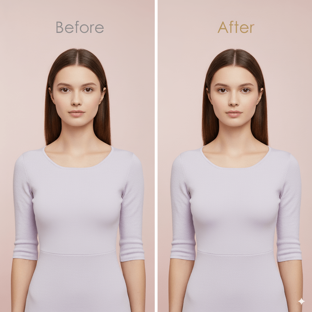 Before and after comparison of a woman wearing a light purple dress against a pink background