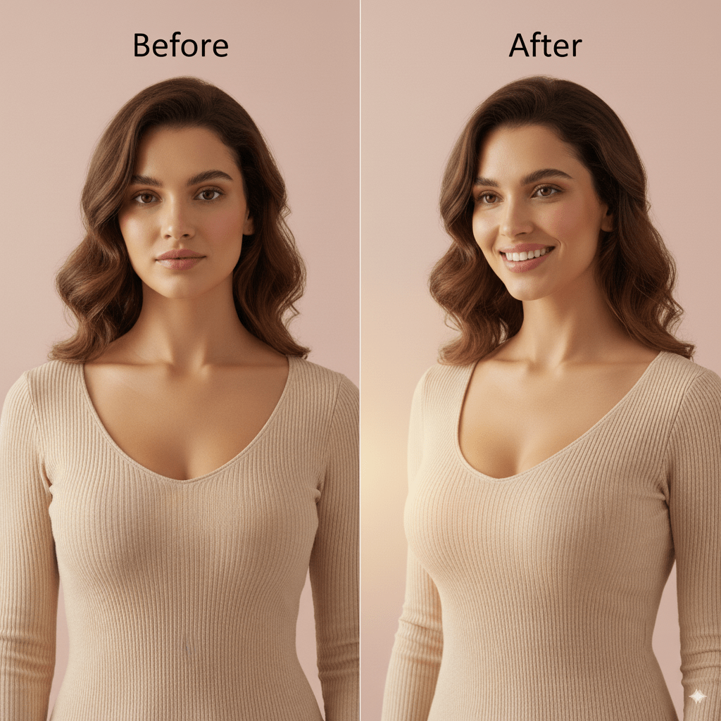 Before and after comparison of a woman wearing a beige long-sleeve top against a pink background.