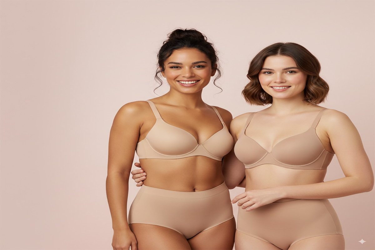 Two women wearing Silicone bra insert pads inside beige bras with panties against a pink background