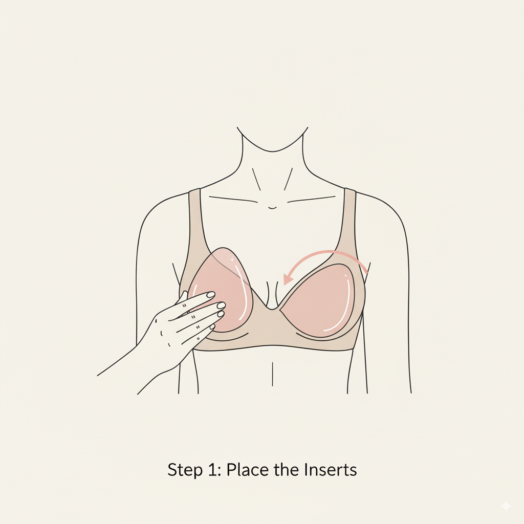 Illustration of a person wearing a bra with a hand placing inserts, on a beige background.