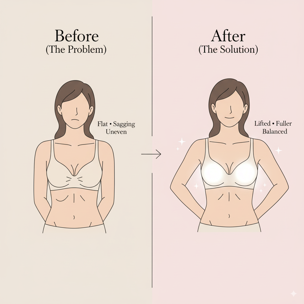 Before and after illustration of a woman’s chest showing the transformation with push up bra inserts – from flat and sagging to lifted and fuller shape.