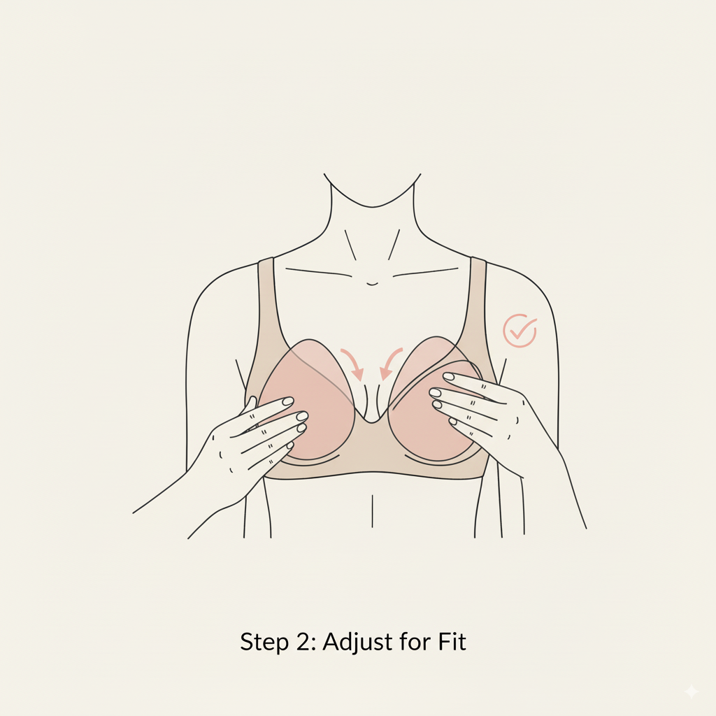 Illustration of a person adjusting a Sticky bra inserts with text 'Step 2: Adjust for Fit' on a beige background