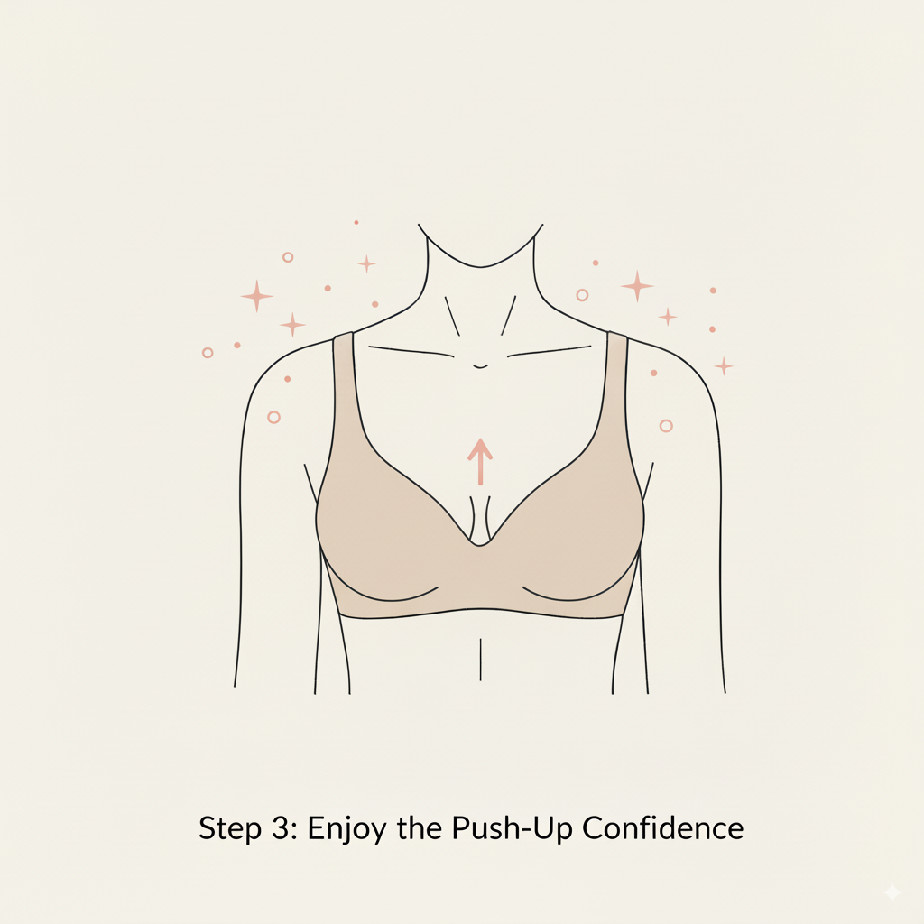 Illustration of a beige bra worn by a person on a beige background with text 'Step 3: Enjoy the Push-Up Confidence'.