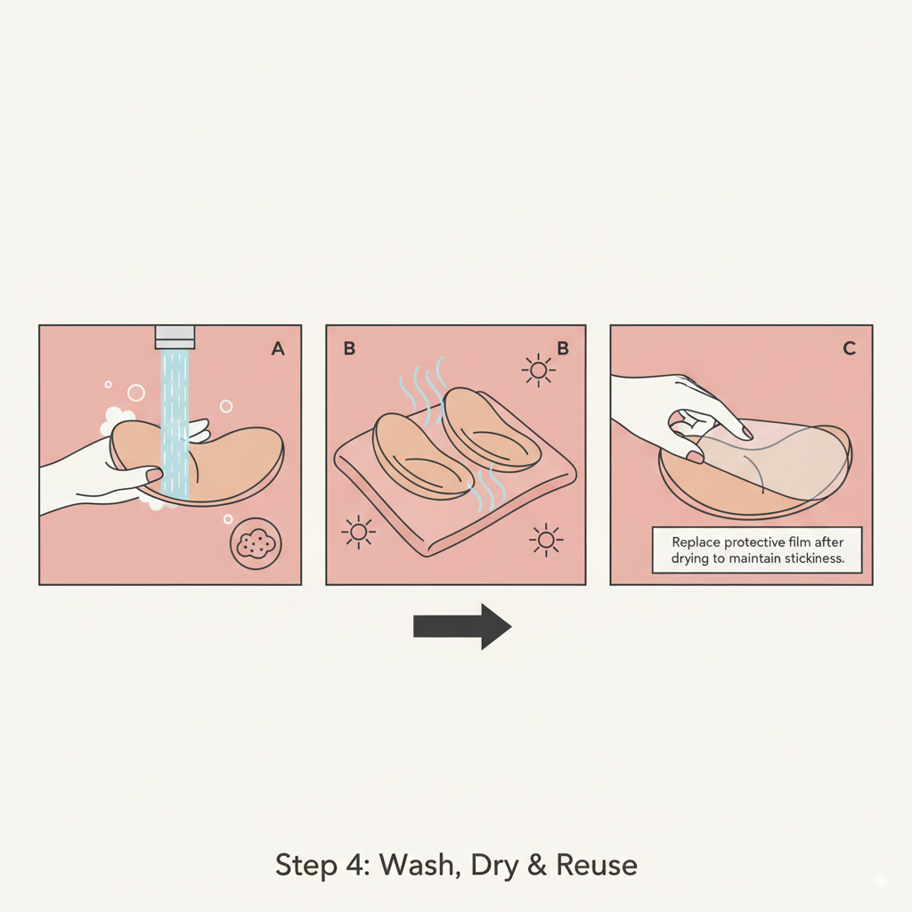 Illustration of steps for washing, drying, and reusing bra insert pads on a pink background.