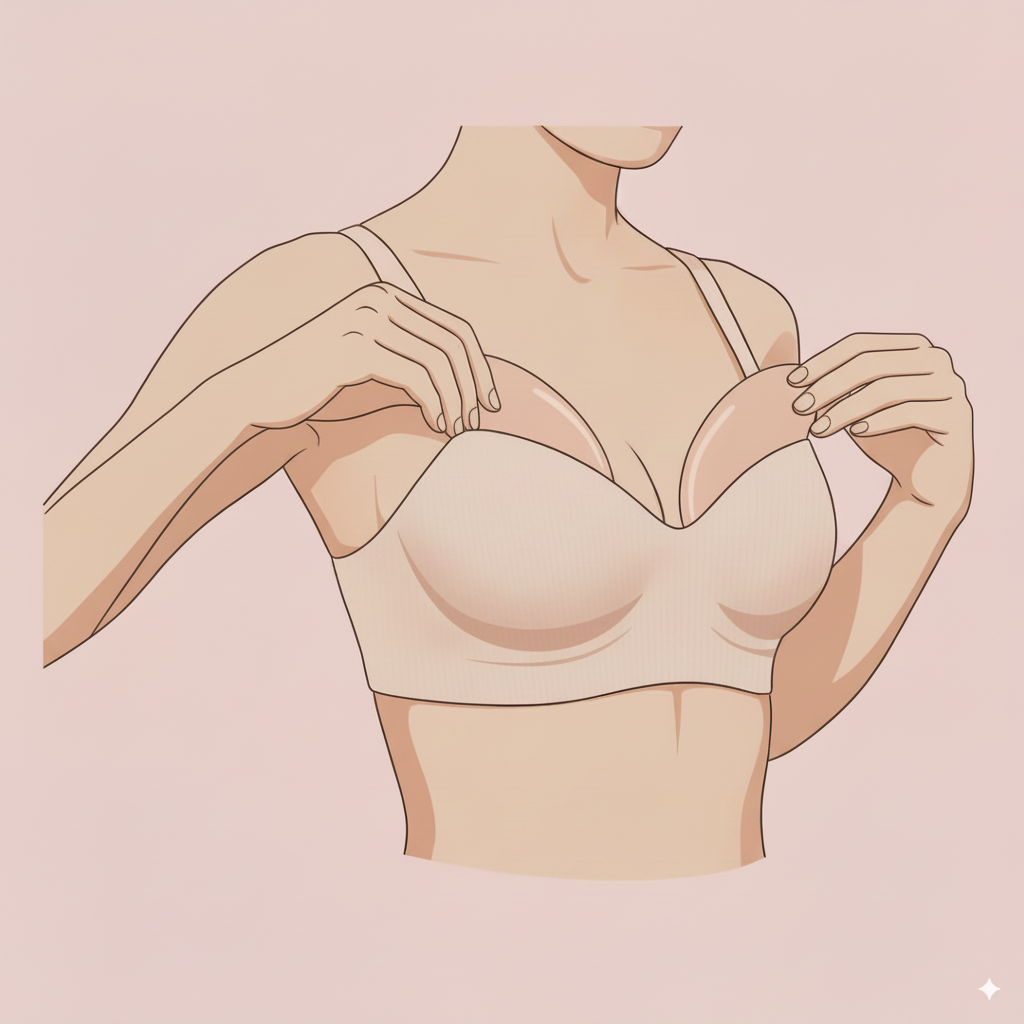 Silicone bra inserts being placed inside a nude bra for natural lift