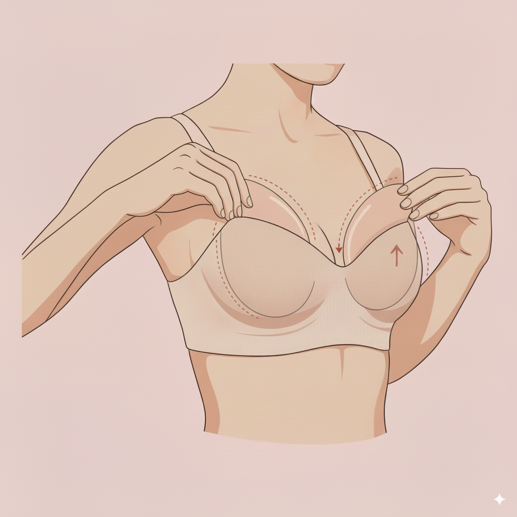 Woman adjusting silicone bra inserts inside bra for secure placement