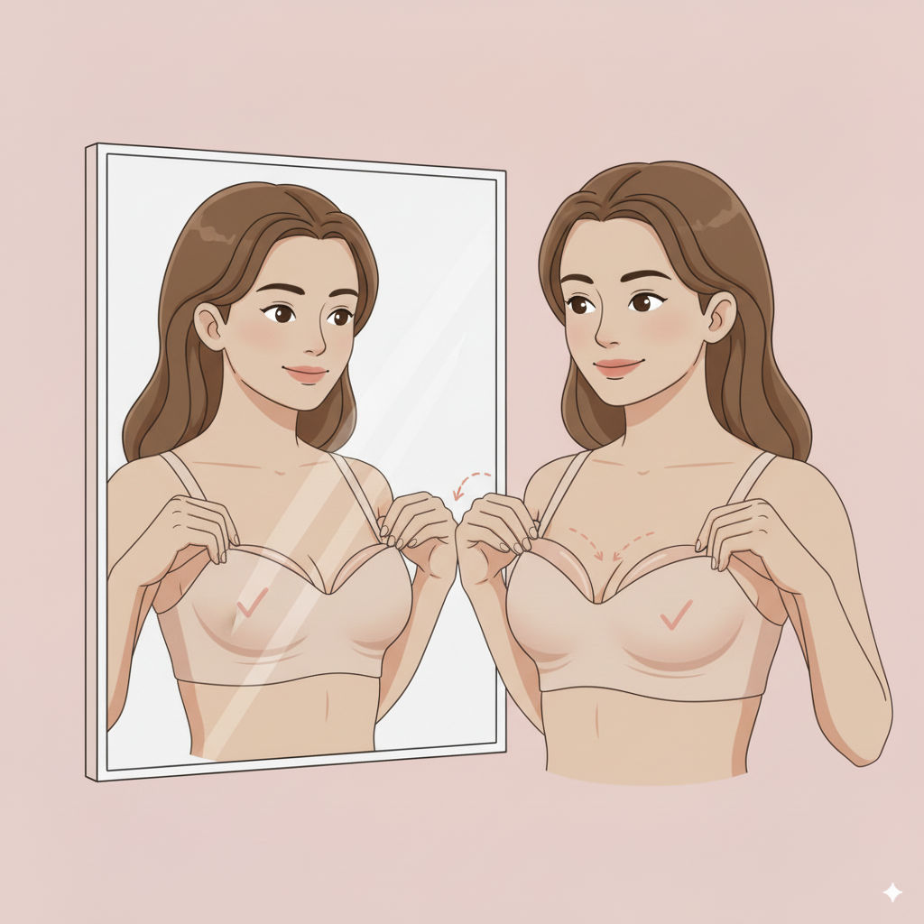 Woman checking bra inserts fit in mirror to ensure push-up effect looks natural